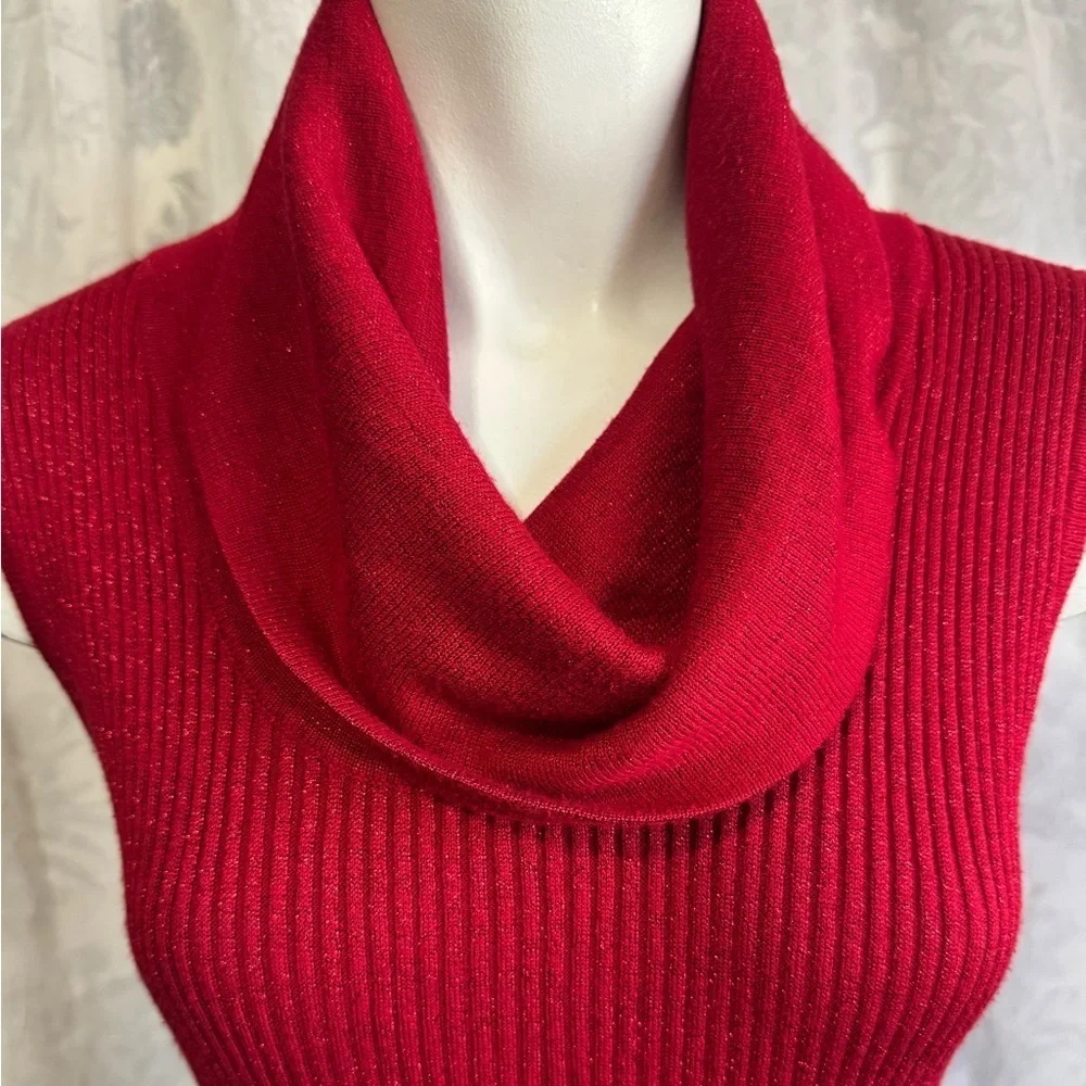 Ribbed Red Cowl Neck Tunic Sweater Women’s Medium Parisian Chic Minimalist